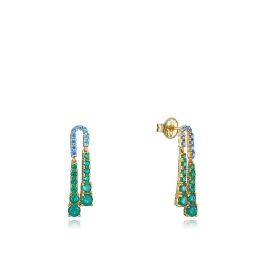 Elegant gold and turquoise drop earrings with gemstone detail. Perfect accessory for a sophisticated look.