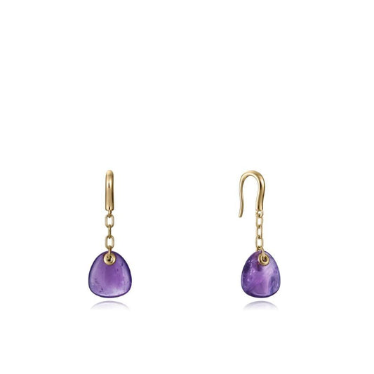 Purple gemstone earrings with gold hooks, minimalist design, modern style, jewelry fashion accessory, isolated on white background.