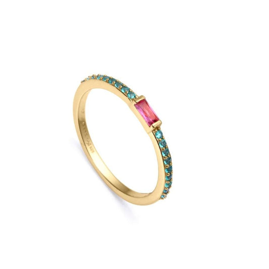 Elegant gold ring with pink and blue stones, showcasing a sleek design, symbolizing luxury and style.