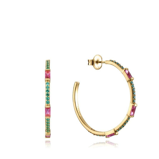 Gold hoop earrings with pink and teal gemstones, featuring elegant design for ladies. VICEROY JEWELS Mod. 13173E100-39.