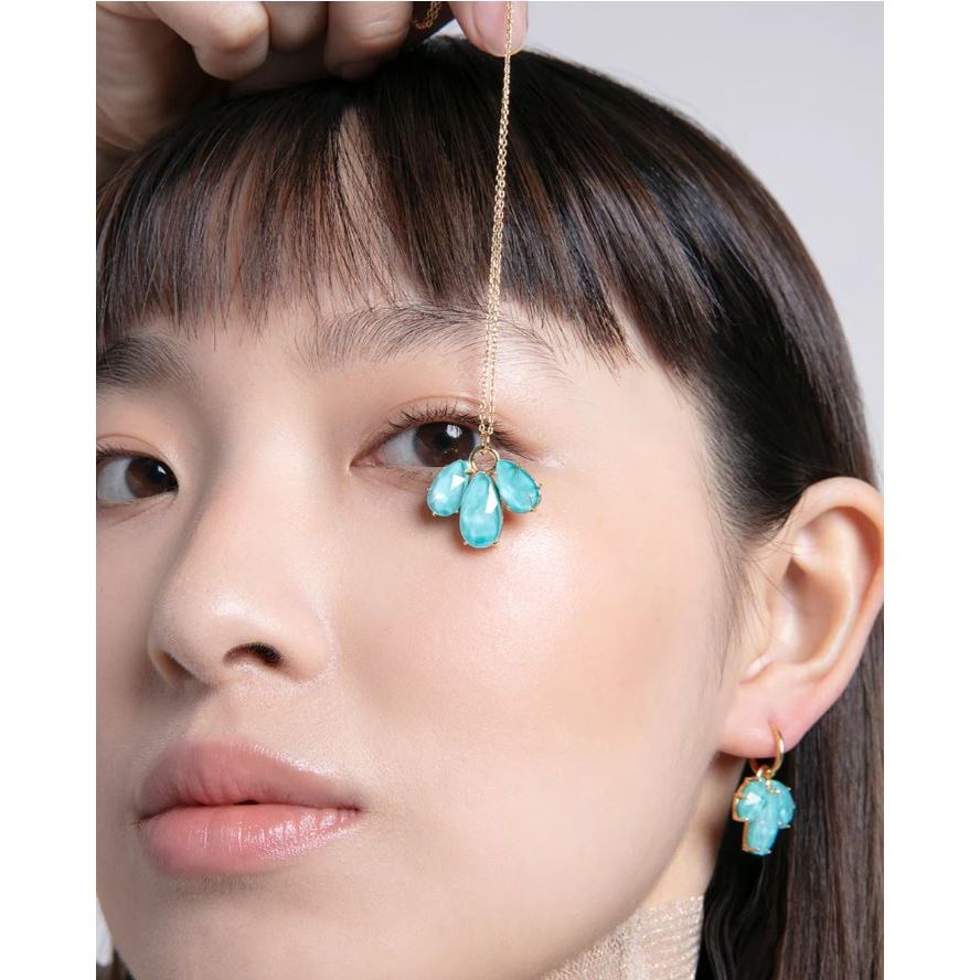 Woman showcasing turquoise gemstone jewelry set with earrings and necklace, close-up shot for fashion jewelry collection.