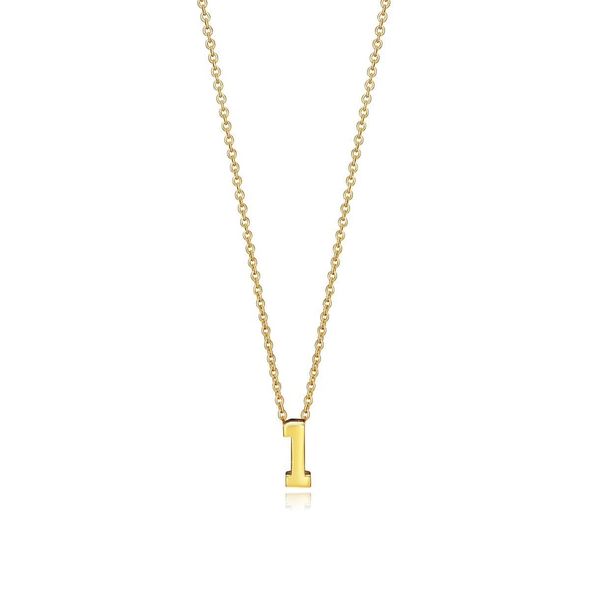 Gold letter 'I' pendant necklace with chain on white background.