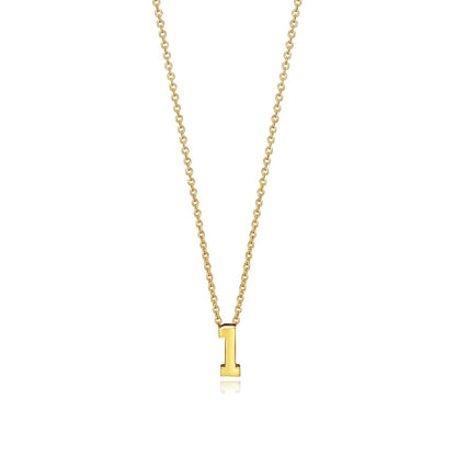 Gold letter 'I' pendant necklace with chain on white background.