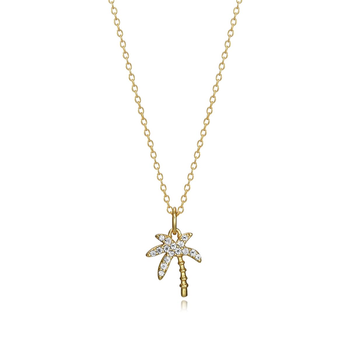 Gold palm tree pendant necklace on a delicate chain with sparkling accents.