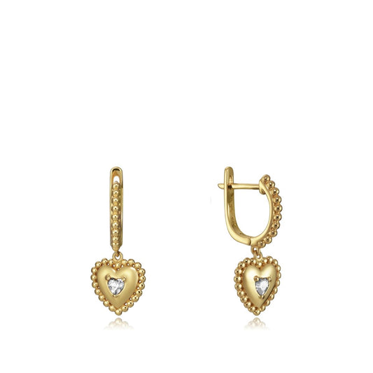 Gold heart-shaped earrings with pearl accents, perfect for elegant occasions.