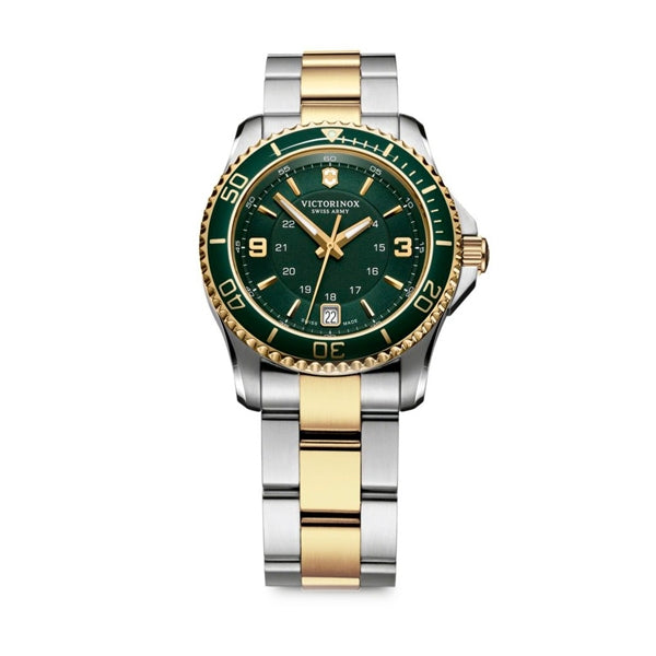 VICTORINOX WATCHES Mod. V241612 with gold and silver bracelet, green dial and rotating bezel, featuring date display and luminous markers.