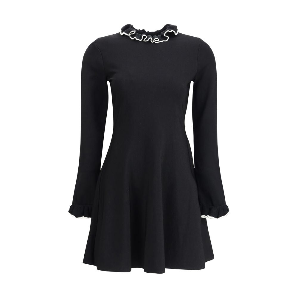Valentino Black Viscose Casual Dress with flared silhouette, elegant ruffled high neck, and long sleeves for a sophisticated AW25 look.