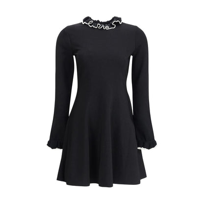 Valentino Black Viscose Casual Dress with flared silhouette, elegant ruffled high neck, and long sleeves for a sophisticated AW25 look.