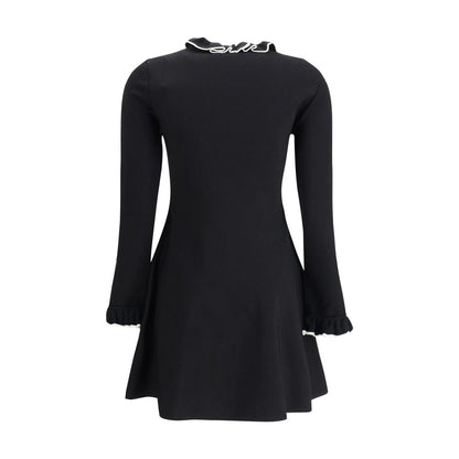 Valentino Black Viscose Casual Dress with flared silhouette, ruffled high neck, and long sleeves, perfect for AW25 season.