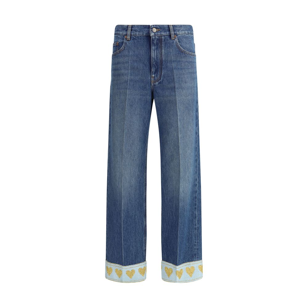 Valentino Blue Cotton Straight-Leg Jeans with La Cour de Coeur fabric edges and classic five-pocket design, crafted for AW25 season.