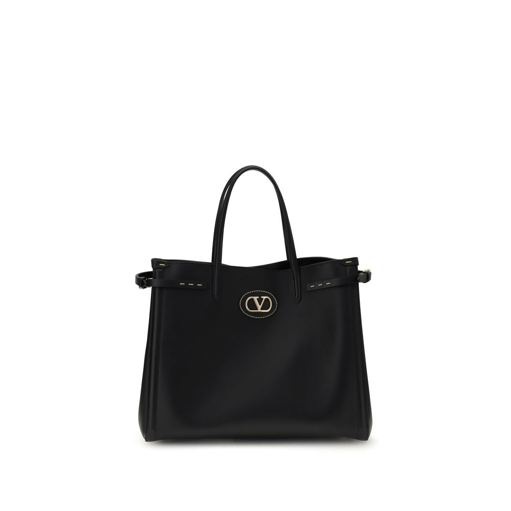 Valentino Garavani Black Calf Leather Bos Taurus Handbag with metallic logo and elegant design