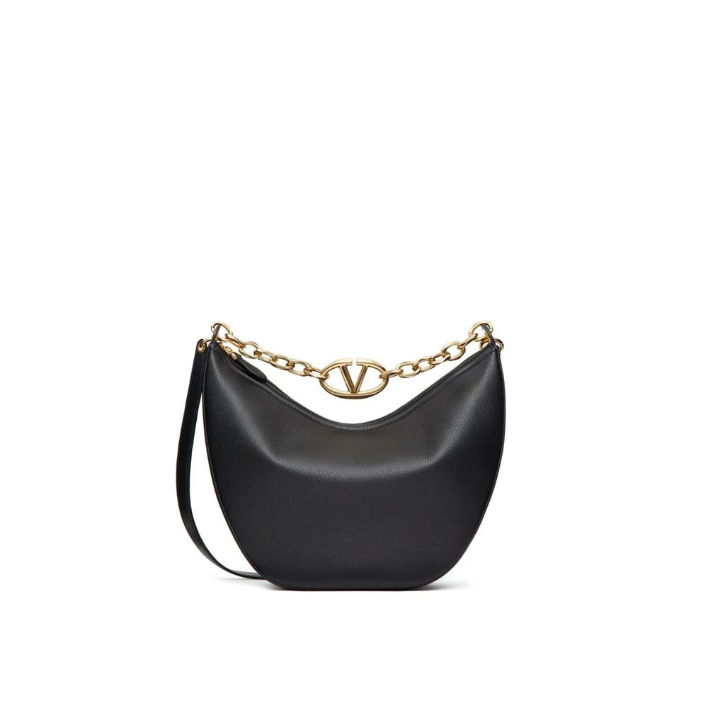 Valentino Garavani Black Calfskin Shoulder Bag with gold-tone VLogo detail, leather lining, and removable strap. Made in Italy.