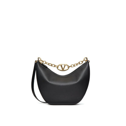 Valentino Garavani Black Calfskin Shoulder Bag with gold-tone VLogo detail, leather lining, and removable strap. Made in Italy.