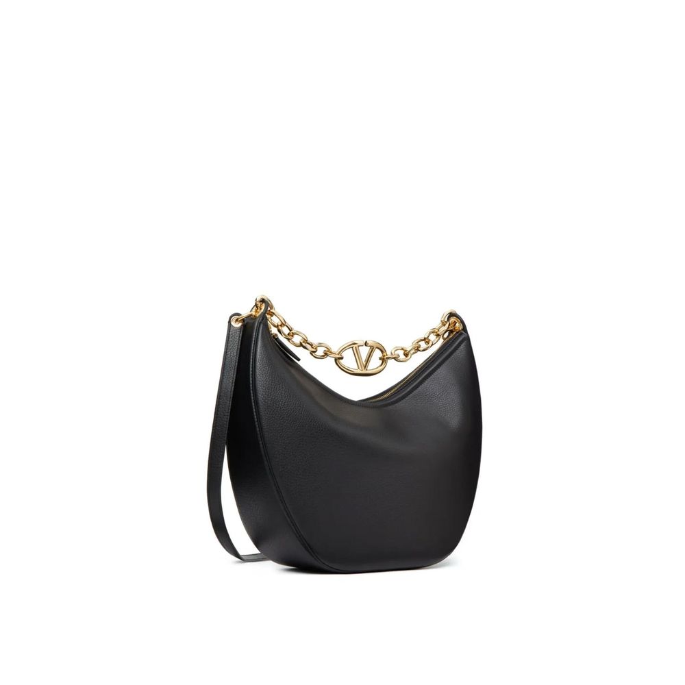 Valentino Garavani Black Calfskin Shoulder Bag with gold-tone Vlogo, textured leather and removable strap, made in Italy