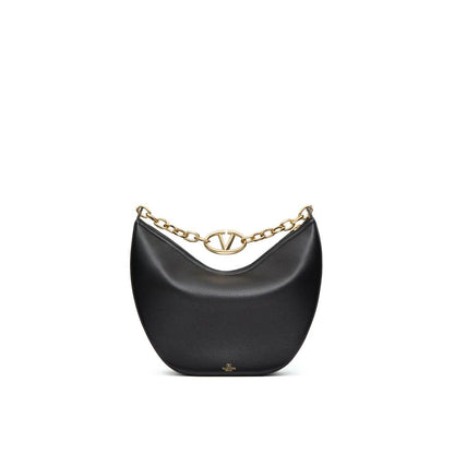 Valentino Garavani Black Calfskin Shoulder Bag with gold-tone Vlogo, leather texture, chain handle, and removable strap. Made in Italy.