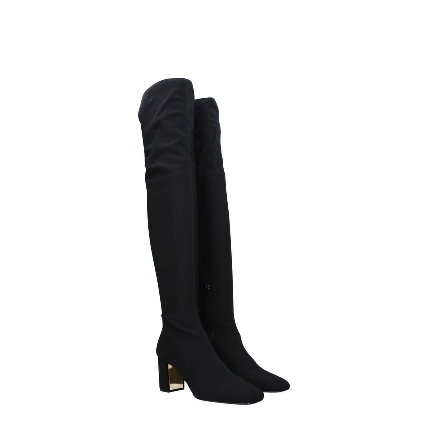Valentino Garavani Black Fabric Over The Knee boots with side logo and mid heels, featuring zip closure and square toe design.
