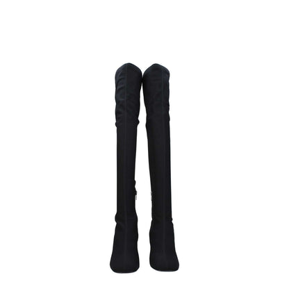 Valentino Garavani Black Fabric Over The Knee boots with zip closure, leather sole, mid heels, square toe, and side logo.