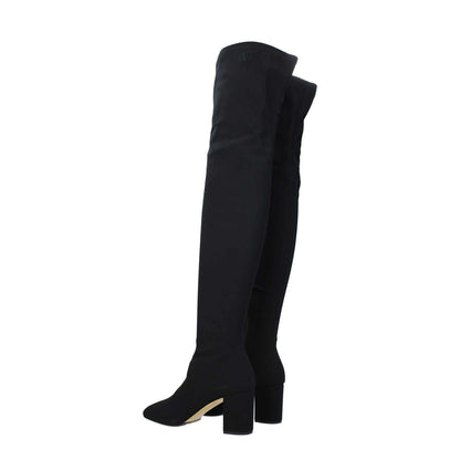 Valentino Garavani Black Fabric Over The Knee boots with square toe and mid heels, featuring leather sole and side logo.