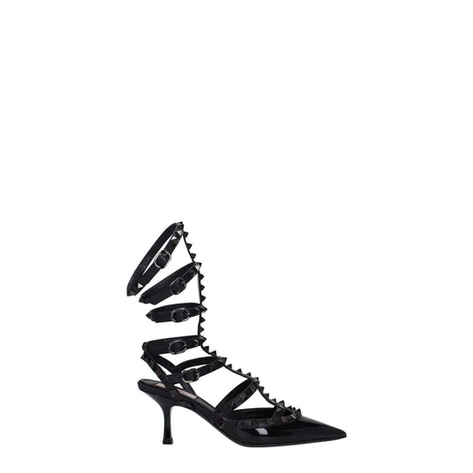 Valentino Garavani Black Leather Stiletto Heel Sandals with buckle closure and studs, patent leather material, mid-heel height 7 cm.