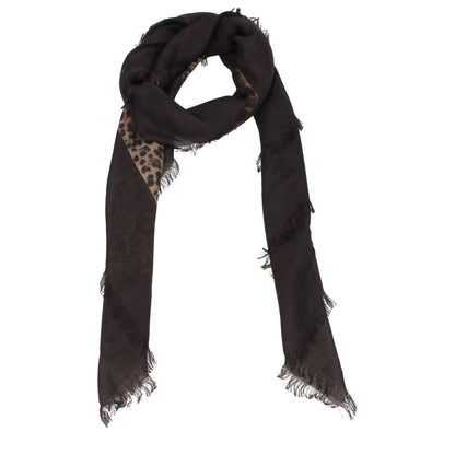 Valentino Garavani Brown Cashmere Foulard with leopard print, fringes, logo, 140x140 cm.