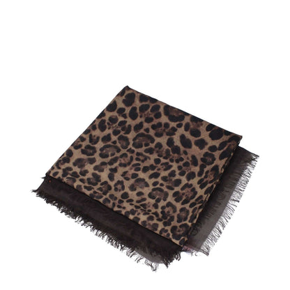 Valentino Garavani Brown Cashmere Foulard with leopard print and fringes, 140x140 cm, 70% cashmere, 30% silk.