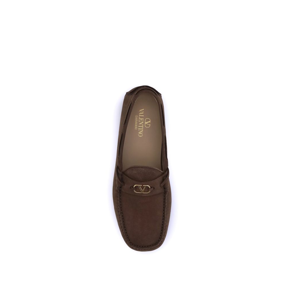 Top view of Valentino Garavani Brown Rubber Slip-On Loafers with VLogo plaque, showcasing the suede leather and distinctive design.