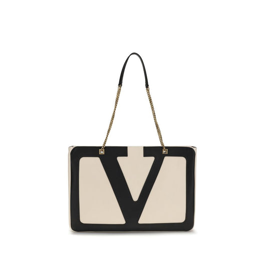 Alt Tag: Valentino Garavani Cream Lamb Ovis Aries Aries Shoulder Bag with maxi VLogo and antiqued gold finish chain strap.