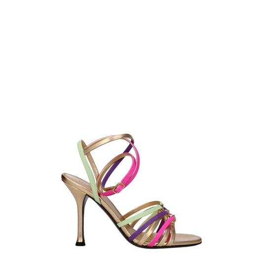 Valentino Garavani Multicolor Leather Stiletto Heel Sandals with gold straps and buckle closure featuring a high heel design.