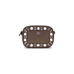 Valentino Garavani Nellcôte shoulder bag garnet calfskin with ball studs, rivets, and palladium-finish zipper closure.