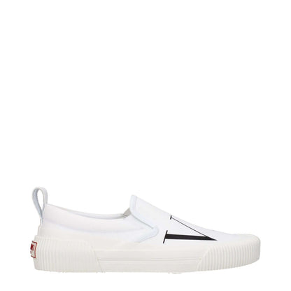 Valentino Garavani White Fabric Slip-On Loafers with logo, rubber sole, casual style, round toe, low flat heel, side view
