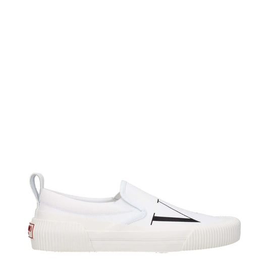 Valentino Garavani White Fabric Slip-On Loafers with logos, casual style, rubber sole, round toe, and low flat heel.