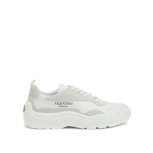 Alt Tag: Valentino Garavani White Leather Low Top Sneakers featuring suede detail, contrast logo, and lace-up fastening for men.