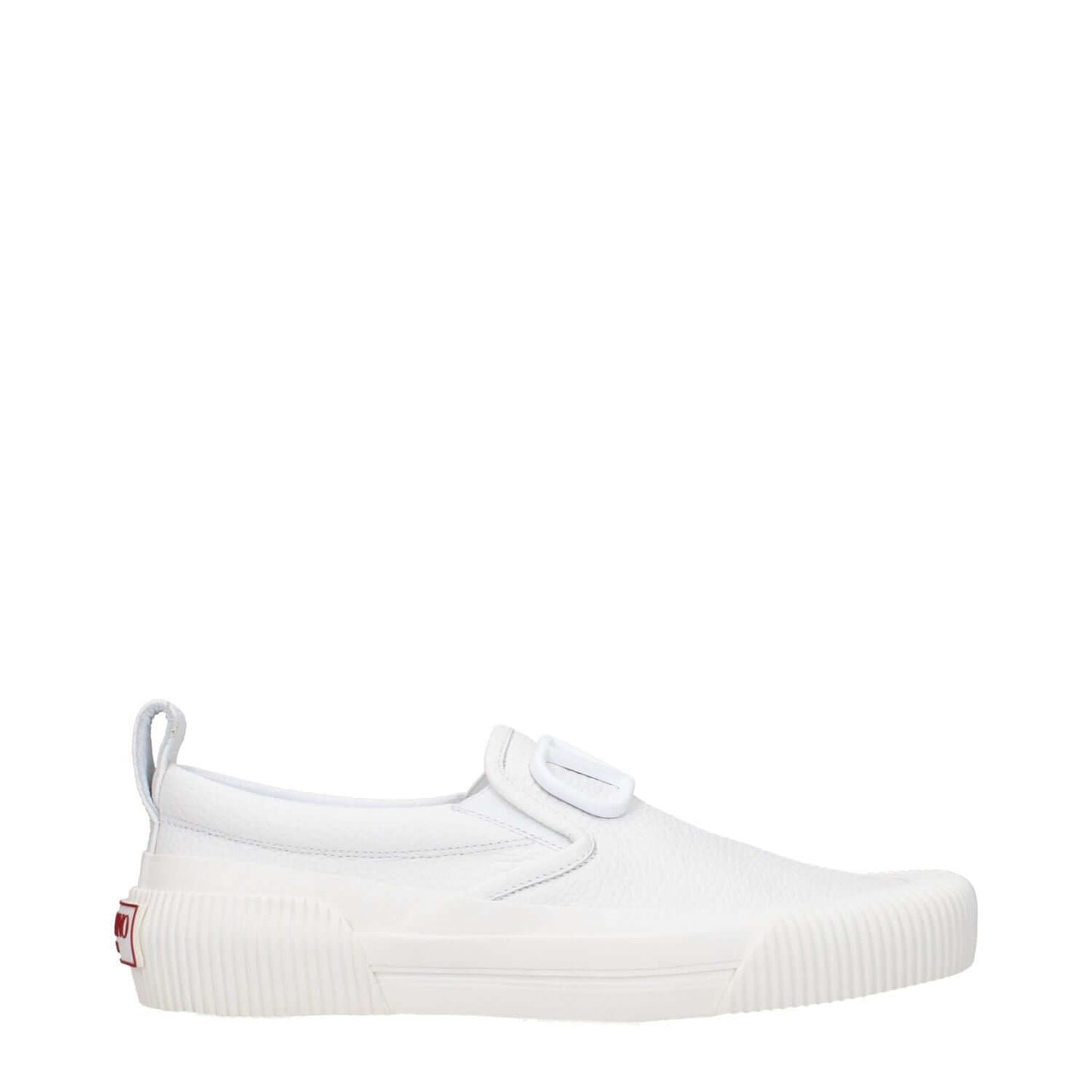 Valentino Garavani White Leather Slip-On Loafers with rubber sole and round toe, featuring front and back logos, casual low flat heel.