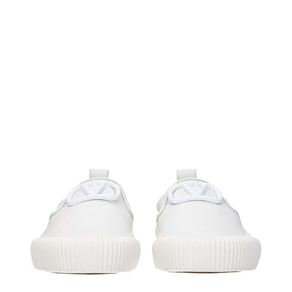 Valentino Garavani White Leather Slip-On Loafers with rubber sole, featuring front and back logos, round toe, low heel, casual style.