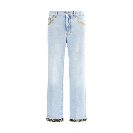 Valentino Light Blue Cotton Straight-Leg Jeans with floral edges, polka dot pockets, and classic five-pocket design for AW25 season.