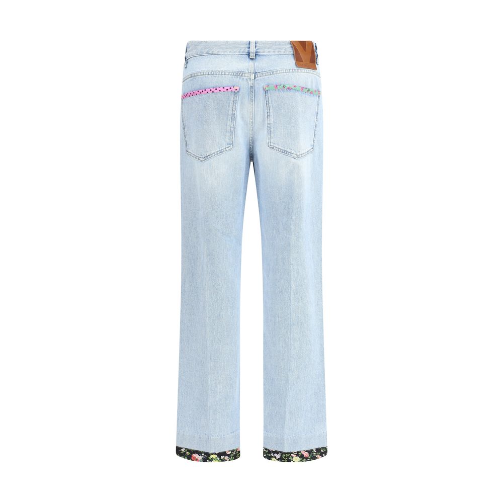 Back view of Valentino Light Blue Cotton Straight-Leg Jeans with floral edges, polka dot pockets, 100% cotton, regular fit.
