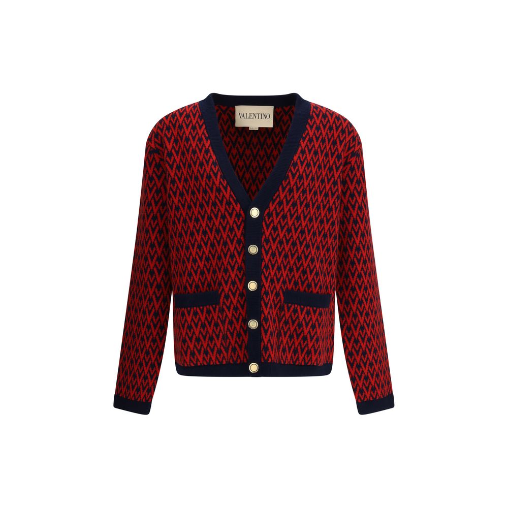 Valentino Multicolor Fleece Wool Cardigan with V pattern, embossed buttons, and ribbed hems, AW25 collection.