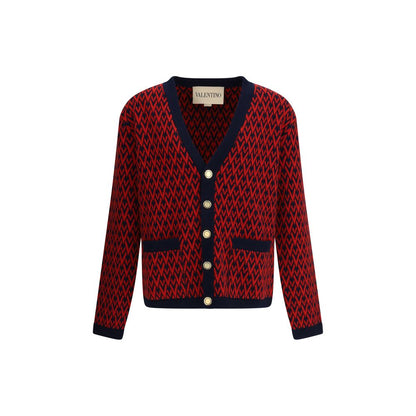 Valentino Multicolor Fleece Wool Cardigan with V pattern, embossed buttons, and ribbed hems, AW25 collection.
