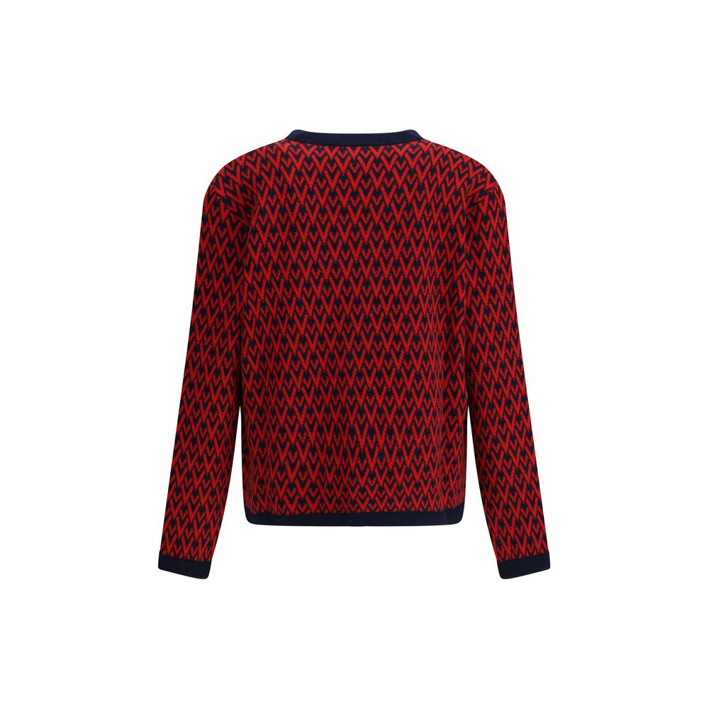 Back view of Valentino Multicolor Fleece Wool Cardigan with all-over V logo pattern and ribbed hems, made in Italy, AW25 collection.