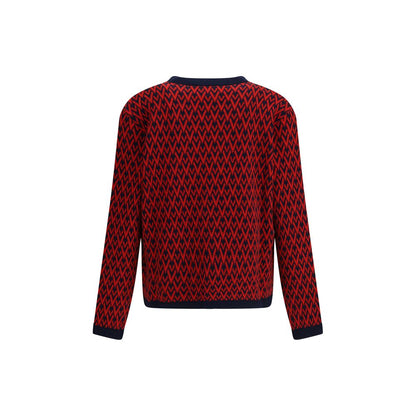 Back view of Valentino Multicolor Fleece Wool Cardigan with all-over V logo pattern and ribbed hems, made in Italy, AW25 collection.