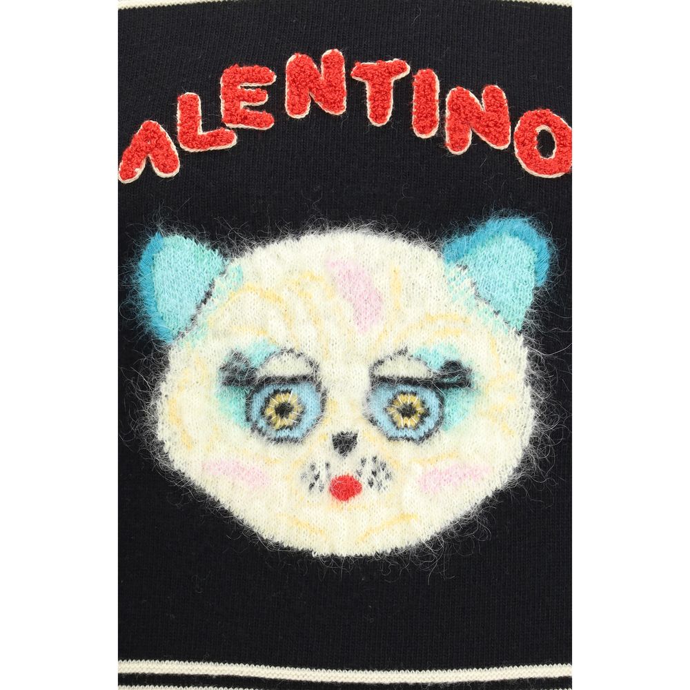 Valentino Multicolor Fleece Wool Sweatshirt with 'Le Chat de la Maison' embroidery on black knit fabric.