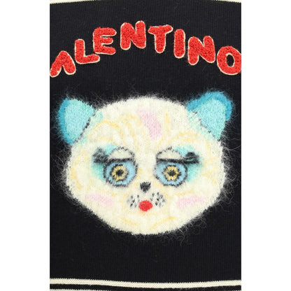 Valentino Multicolor Fleece Wool Sweatshirt with 'Le Chat de la Maison' embroidery on black knit fabric.