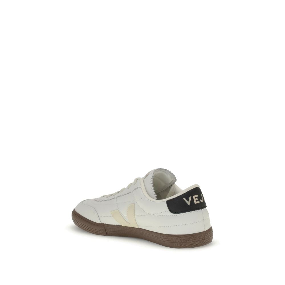 Veja Black Leather Sneakers with logo side panels and contrasting heel, showcasing stylish and functional design.