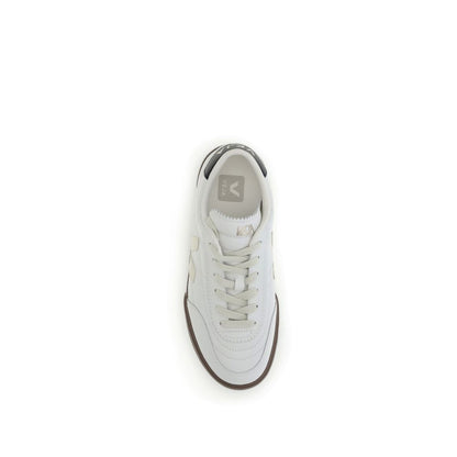 Top view of Veja Black Leather Sneakers with lace-up closure and iconic logo on side panels, showcasing contemporary style and functionality.