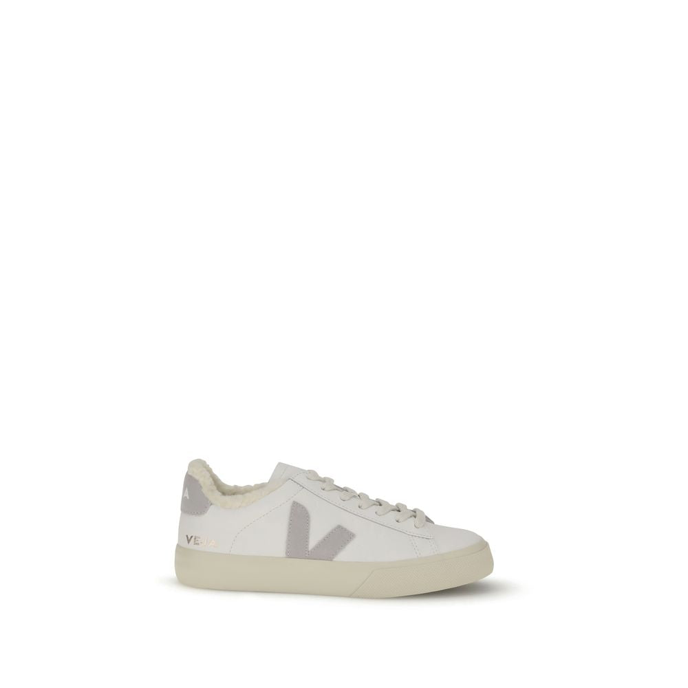 Veja White Calf Leather Bos Taurus Low Top Sneakers with soft fur lining, "V" logo, and contrasting heel details for a casual style.