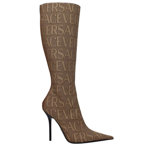 Versace Beige Fabric High Heel Boots with logo design, zip closure, and 11 cm black heels featuring a leather sole and pointy toe.