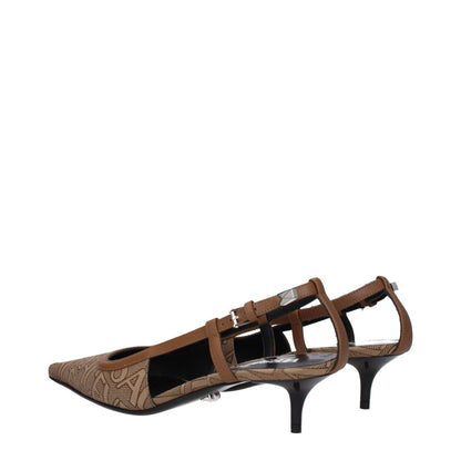 Versace Beige Fabric Mid Heel Pumps with pointy toe and buckle closure, featuring logo design, leather sole, and brown accents.
