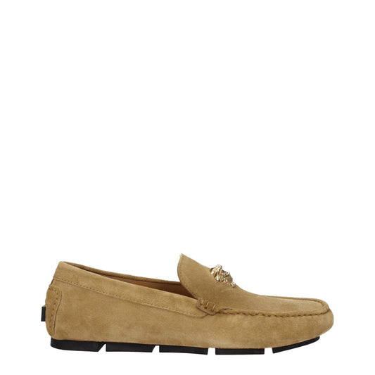 Versace Beige Leather Slip-On Loafers with gold logo on suede, round toe, low flat heel, side view.