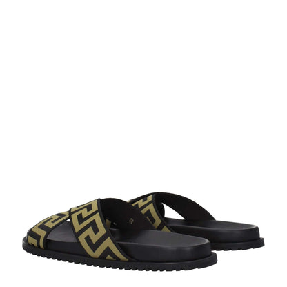 Versace Black Fabric Slippers with open toe and gold accents, casual style, featuring a low flat rubber sole, MPN 10083181A059582B150.