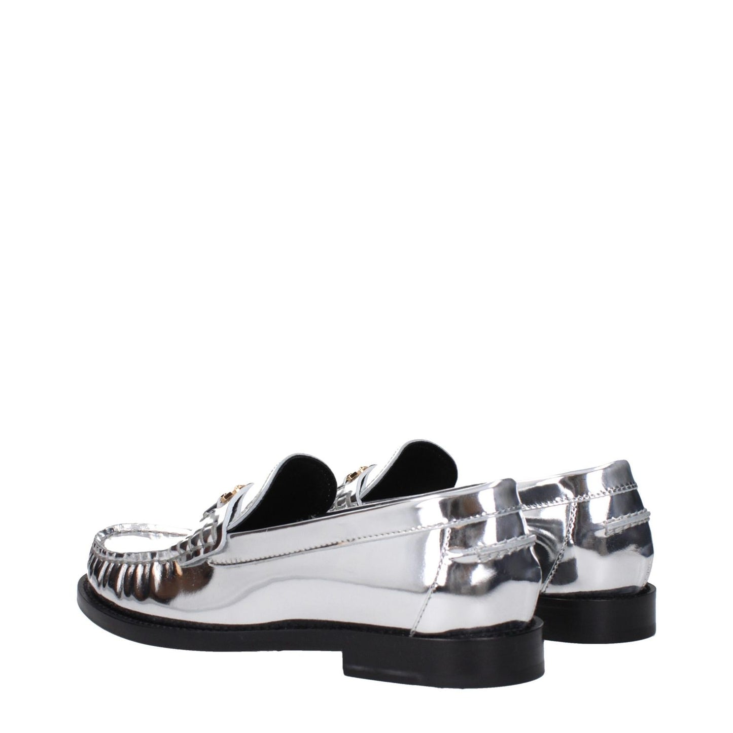 Versace Gray Leather Slip-On Loafers with metallic effect and front logo, featuring round toe and low flat heel. MPN: 10121231A043021E01V.